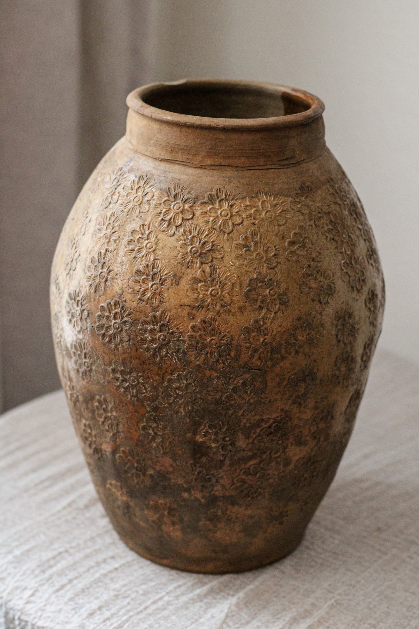 Large Vintage Glazed Vessel Stamped Floral Design