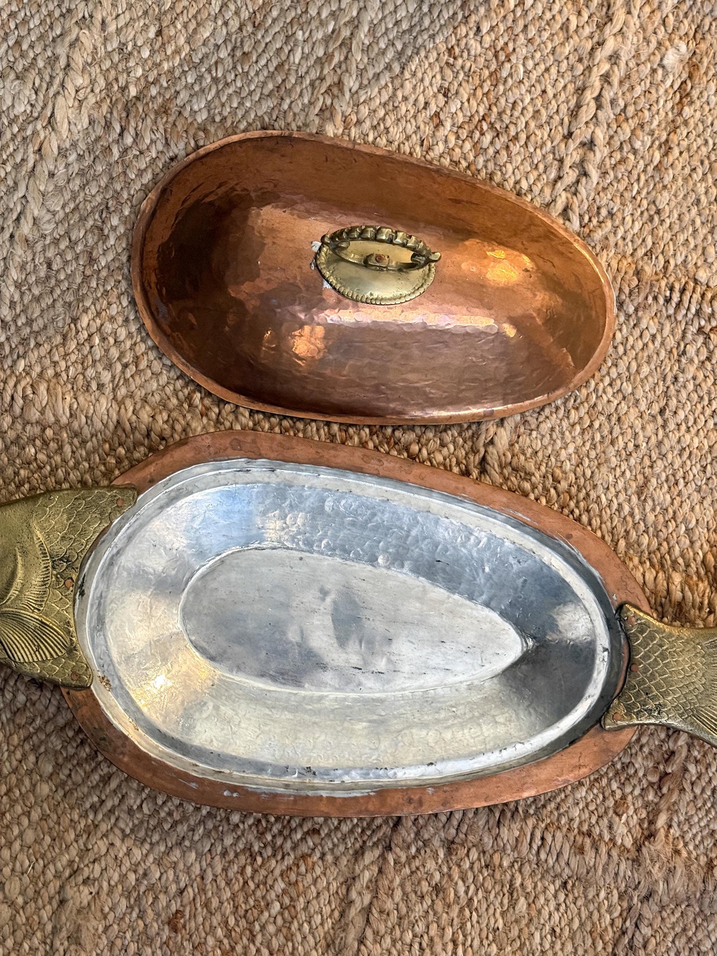 Extra Large Vintage Hammered Copper and Bras Fish Serving Platter