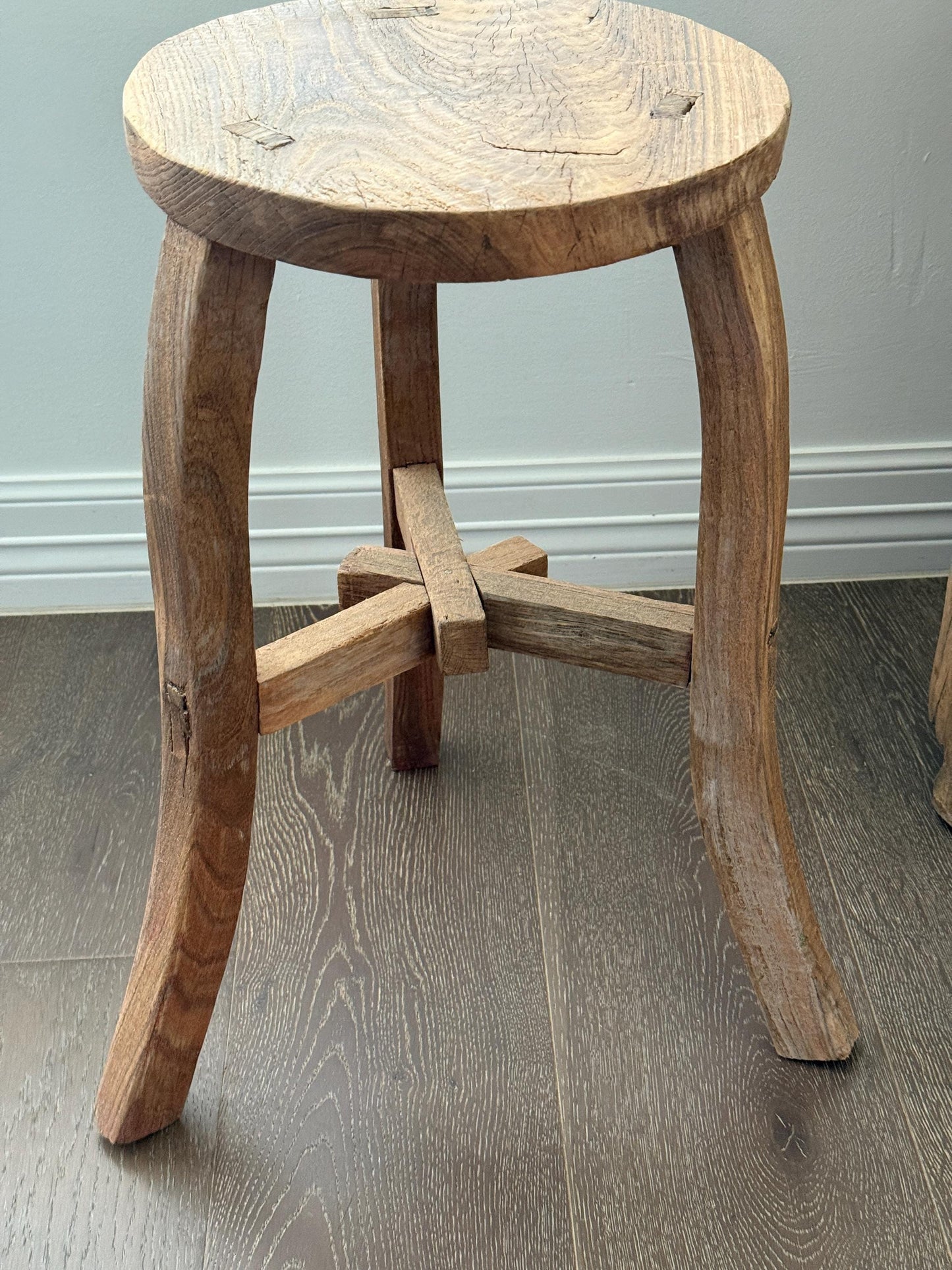 Vintage Elm Wood Stool Curved Legs | Rustic Side Table