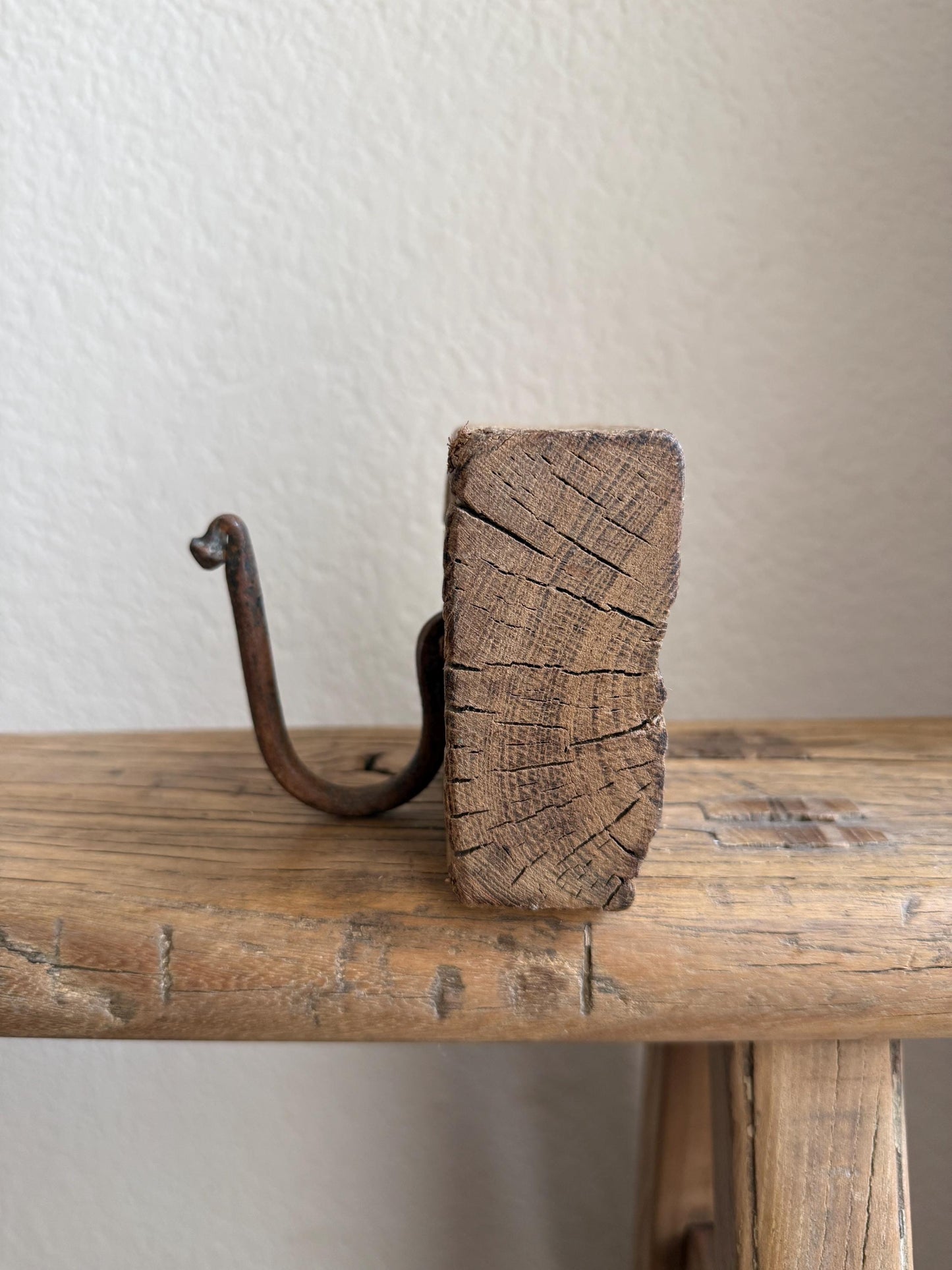 Vintage Wooden Carved Panel and Iron Wall Hook