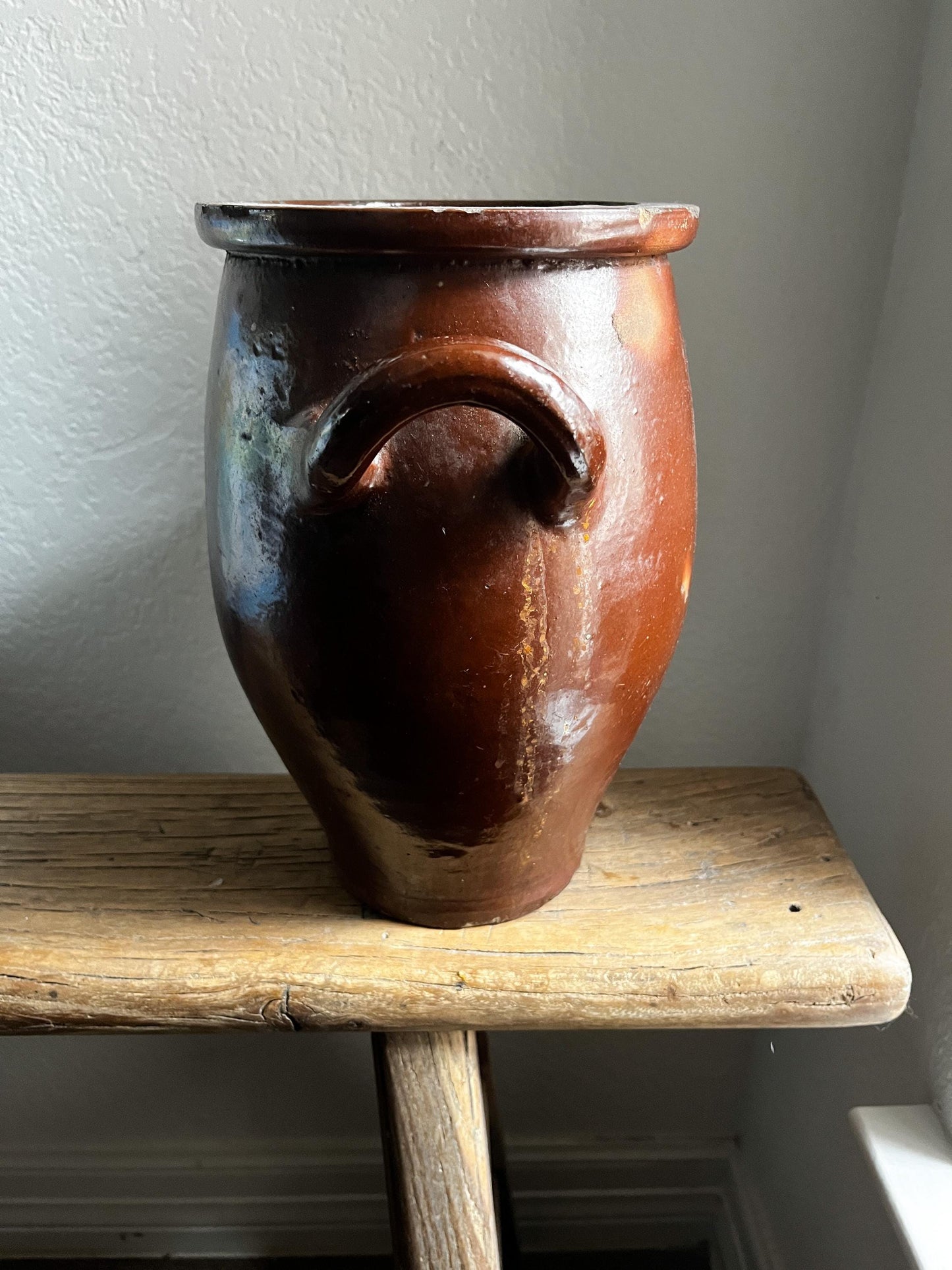 Antique European Glazed Brown Handled Vessel Belgium 1800s