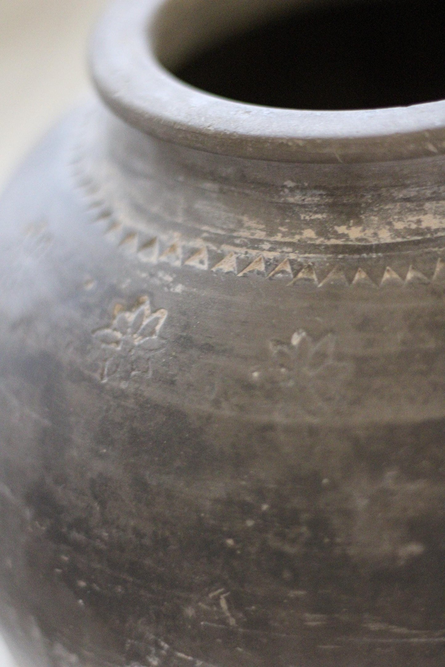 Vintage Clay Pot with Hand Carved Detail