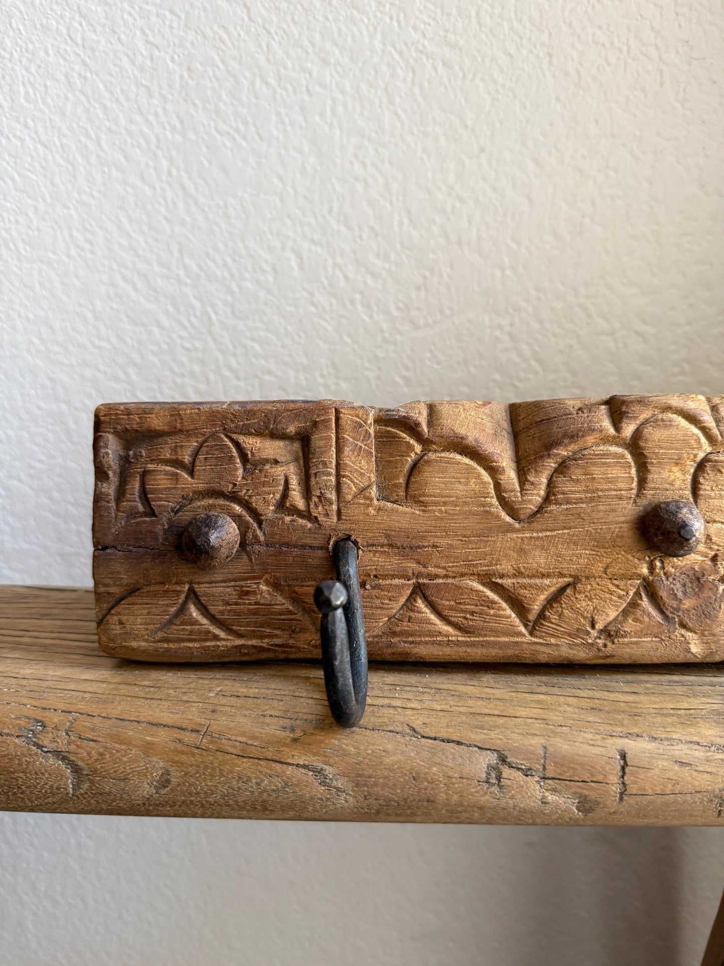 Vintage Carved Wood Wall Rack with 2 Iron Hooks