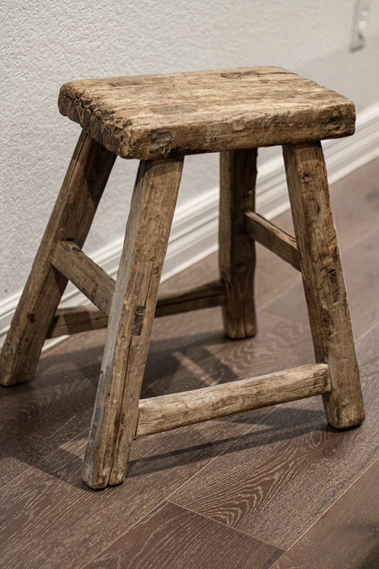 Vintage Elm Wood Stool | Rustic Side Table