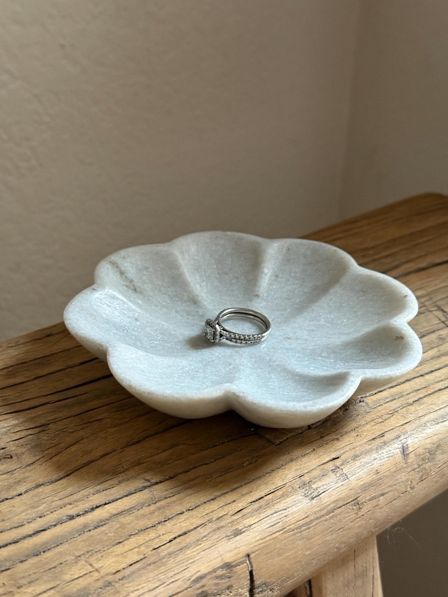 Vintage White Marble Flower Bowl Scalloped