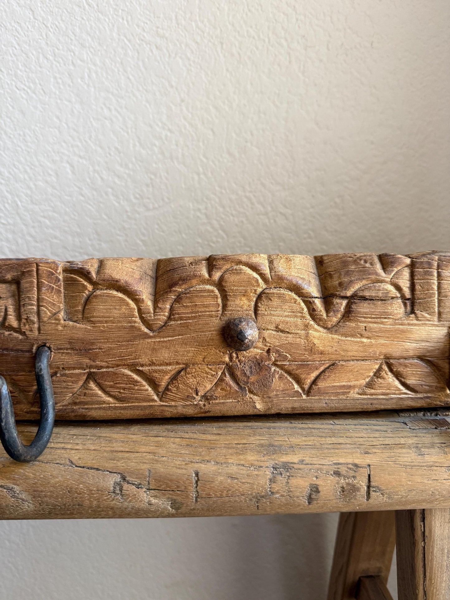 Vintage Carved Wood Wall Rack with 2 Iron Hooks