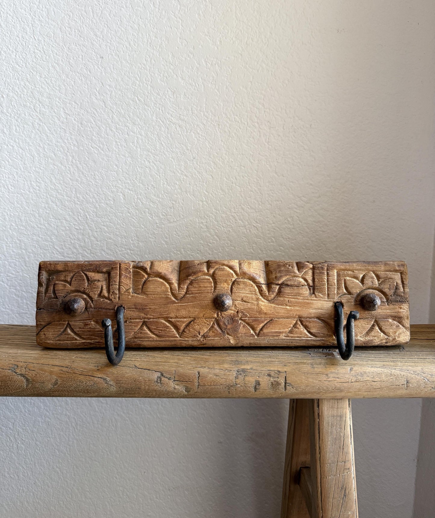 Vintage Carved Wood Wall Rack with 2 Iron Hooks