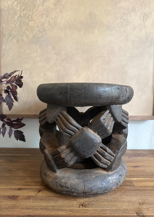 Vintage African Bamileke Side Table, Hand Carved Wooden Round Stool, Tribal Rustic Boho Decor