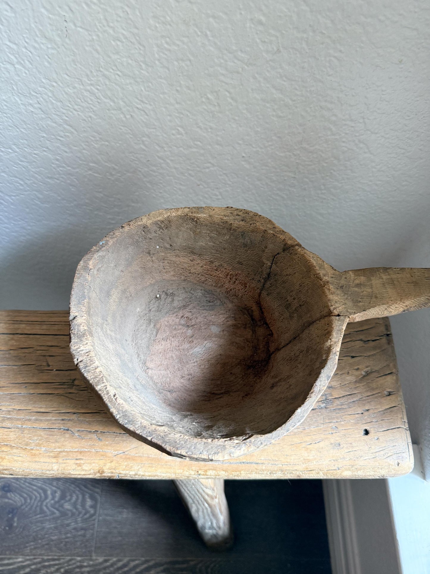 Antique Wood Mortar Bowl With Handle