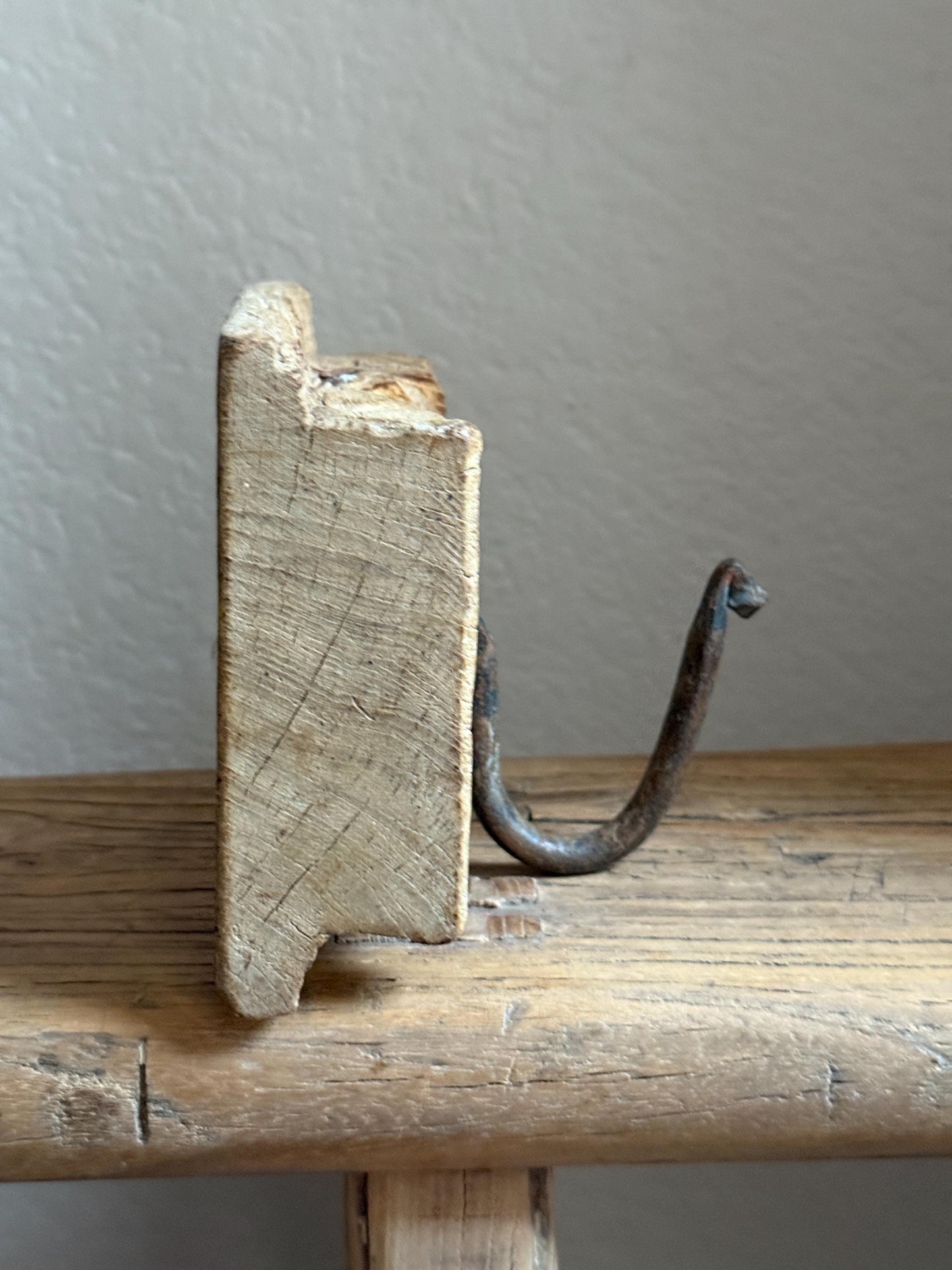 Vintage Wooden Carved Panel and Iron Wall Hook