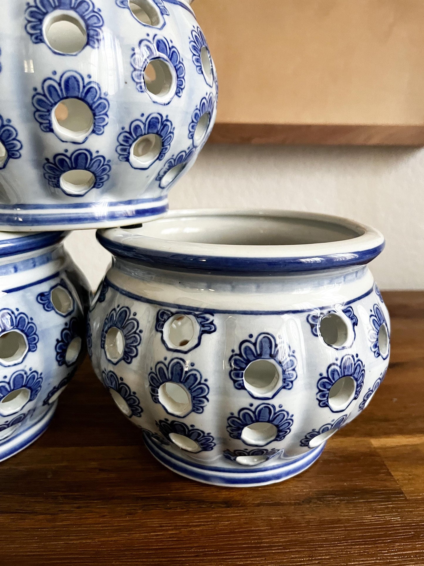 Vintage Blue and White Reticulated Porcelain Vessel