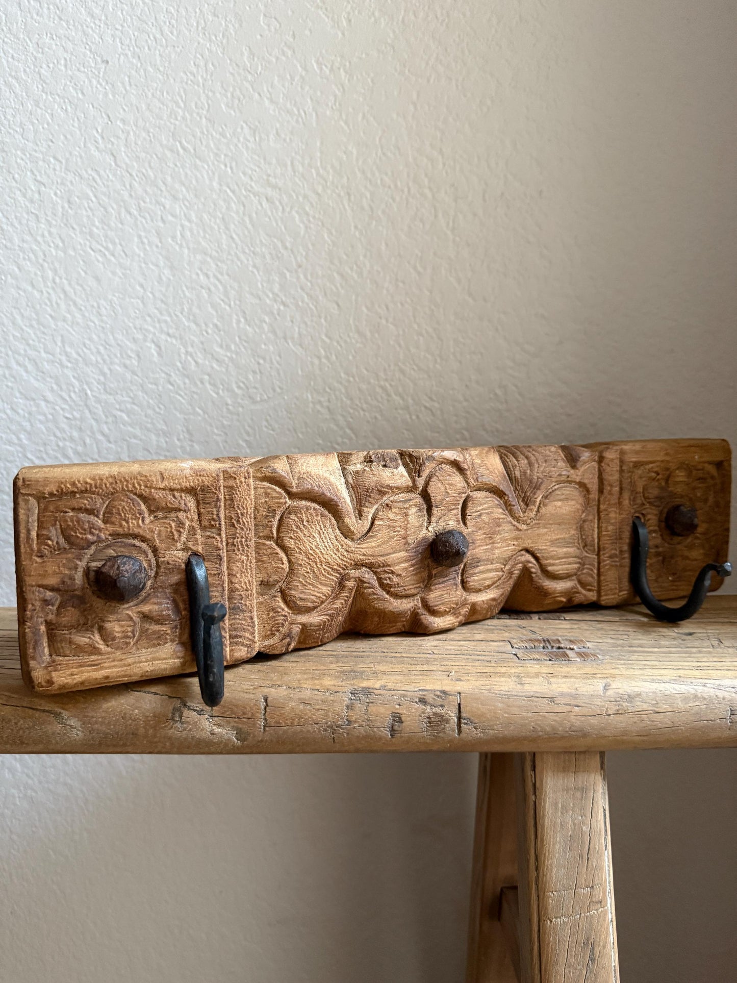 Vintage Carved Wood Wall Rack with 2 Iron Hooks