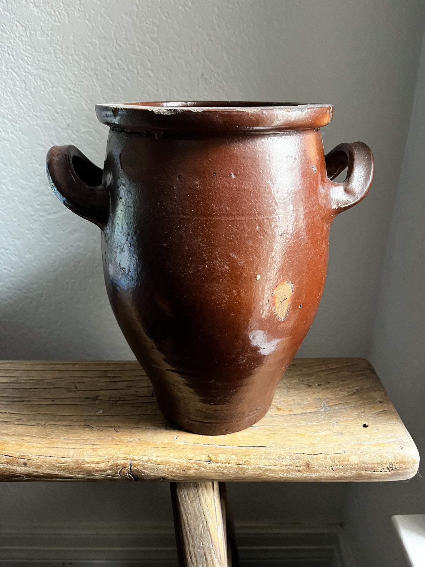 Antique European Glazed Brown Handled Vessel Belgium 1800s