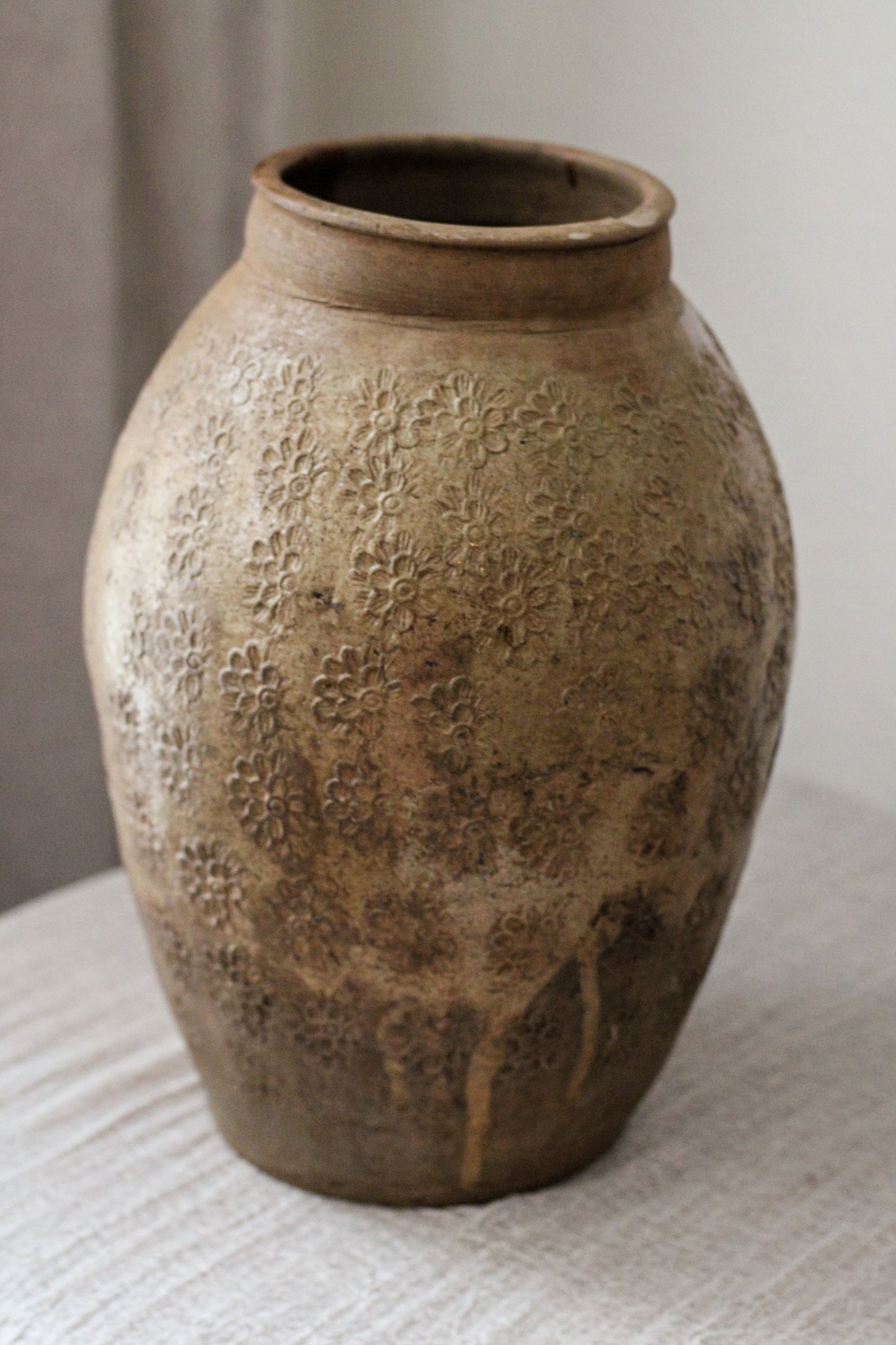 Large Vintage Glazed Vessel Stamped Floral Design