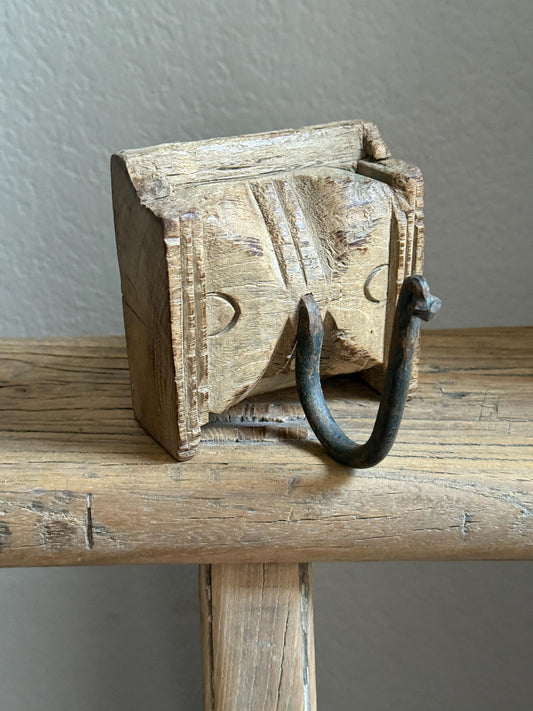 Vintage Wooden Carved Panel and Iron Wall Hook