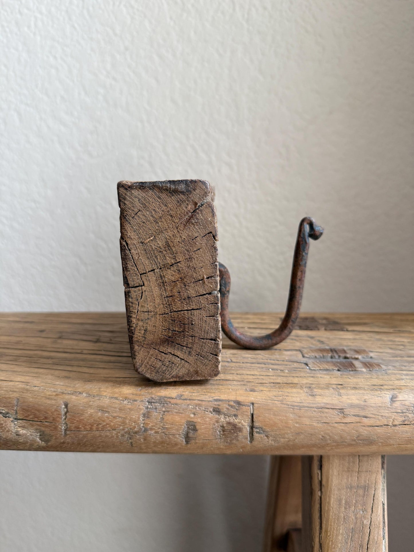 Vintage Wooden Carved Panel and Iron Wall Hook