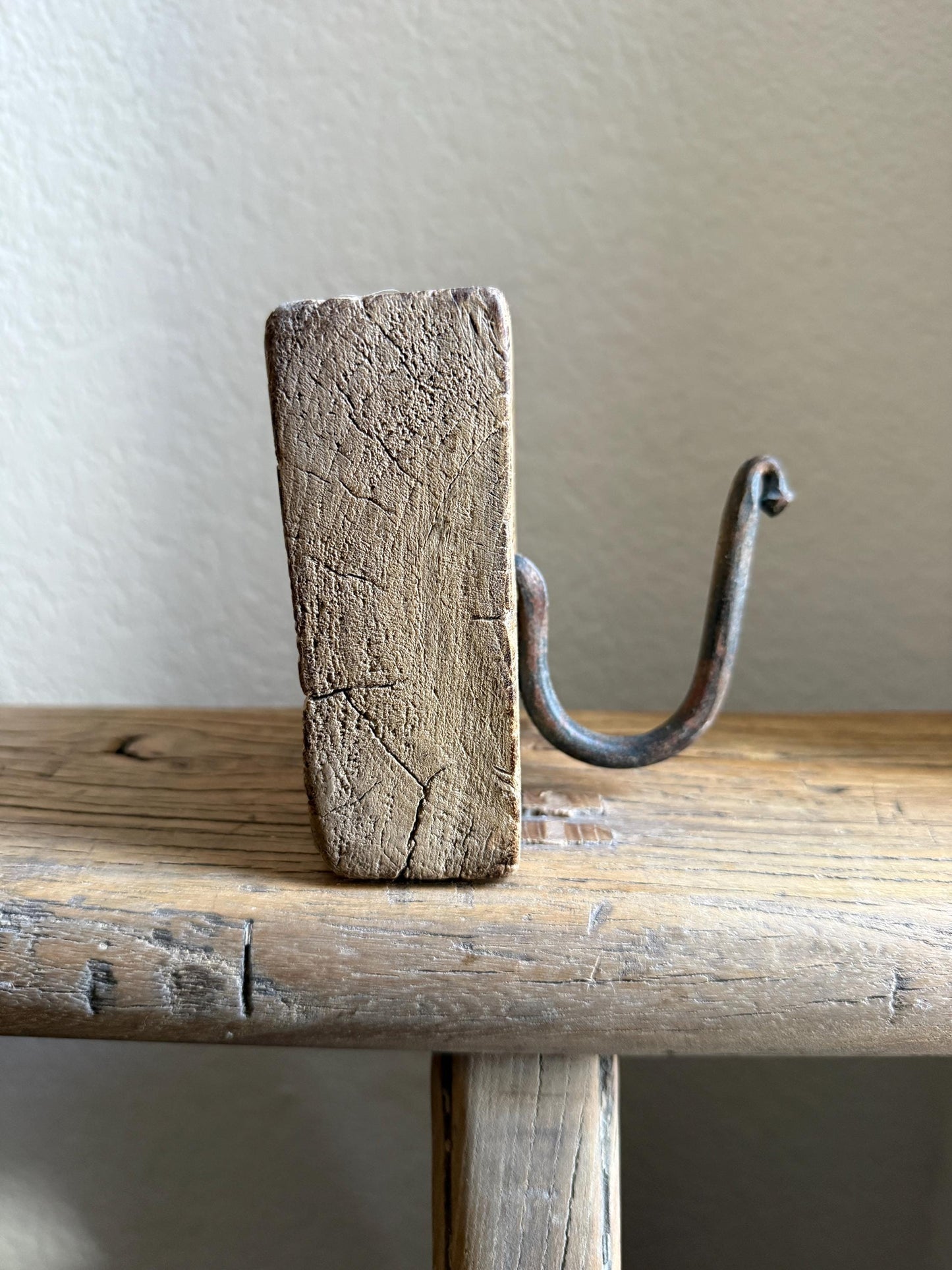 Vintage Wooden Carved Panel and Iron Wall Hook