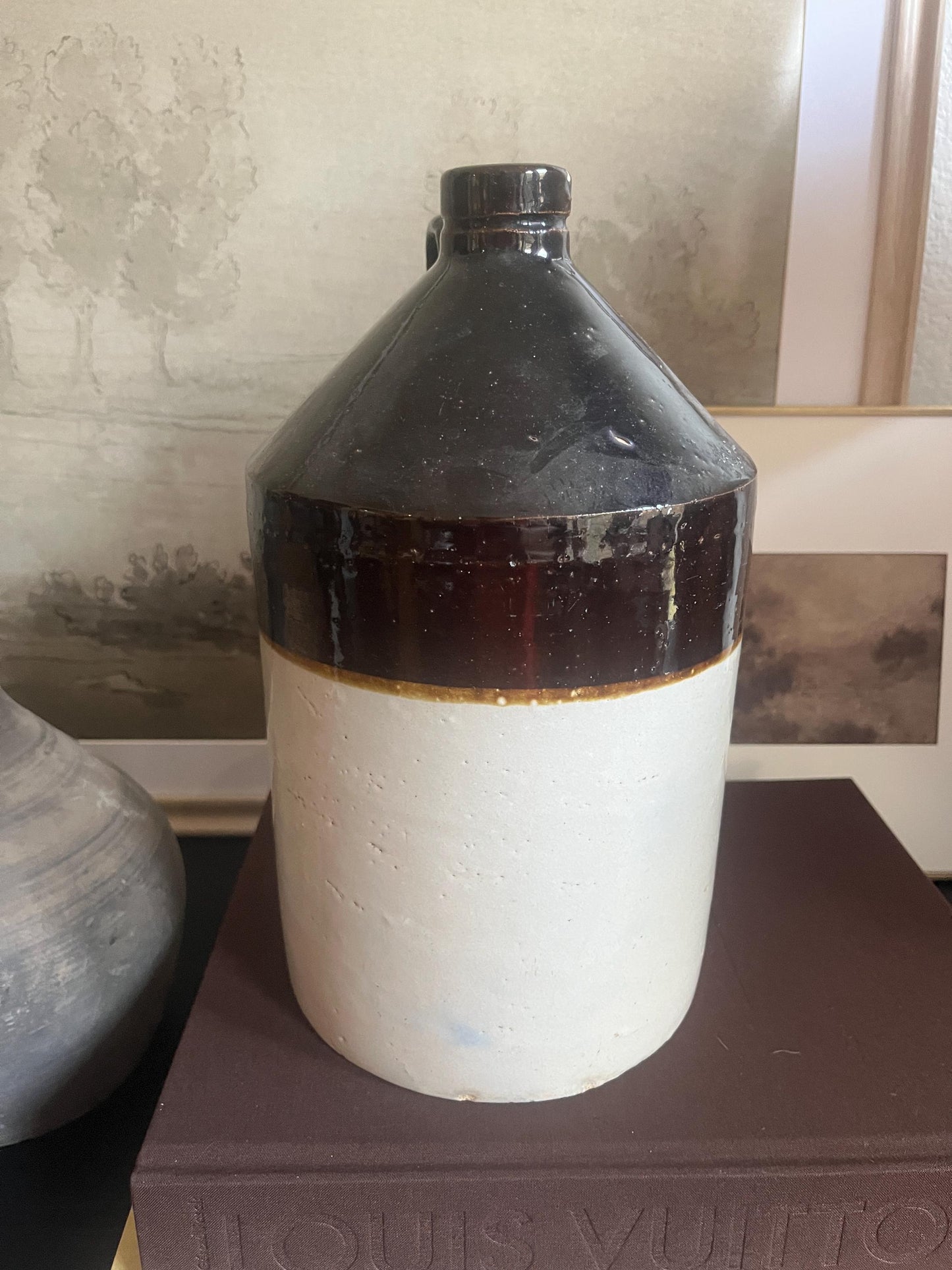 Antique Stoneware Salt Glazed Beige and Brown Whiskey Jug