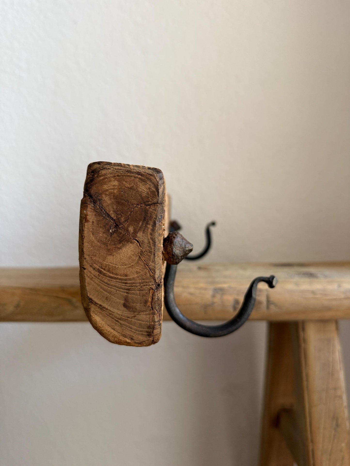 Vintage Carved Wood Wall Rack with 2 Iron Hooks