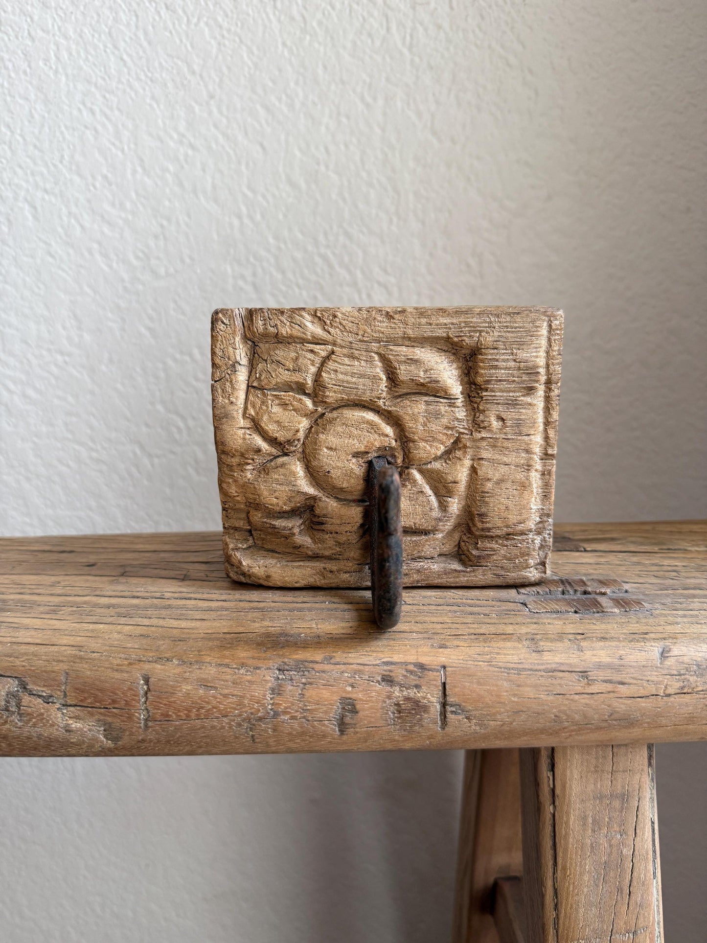 Vintage Wooden Carved Panel and Iron Wall Hook