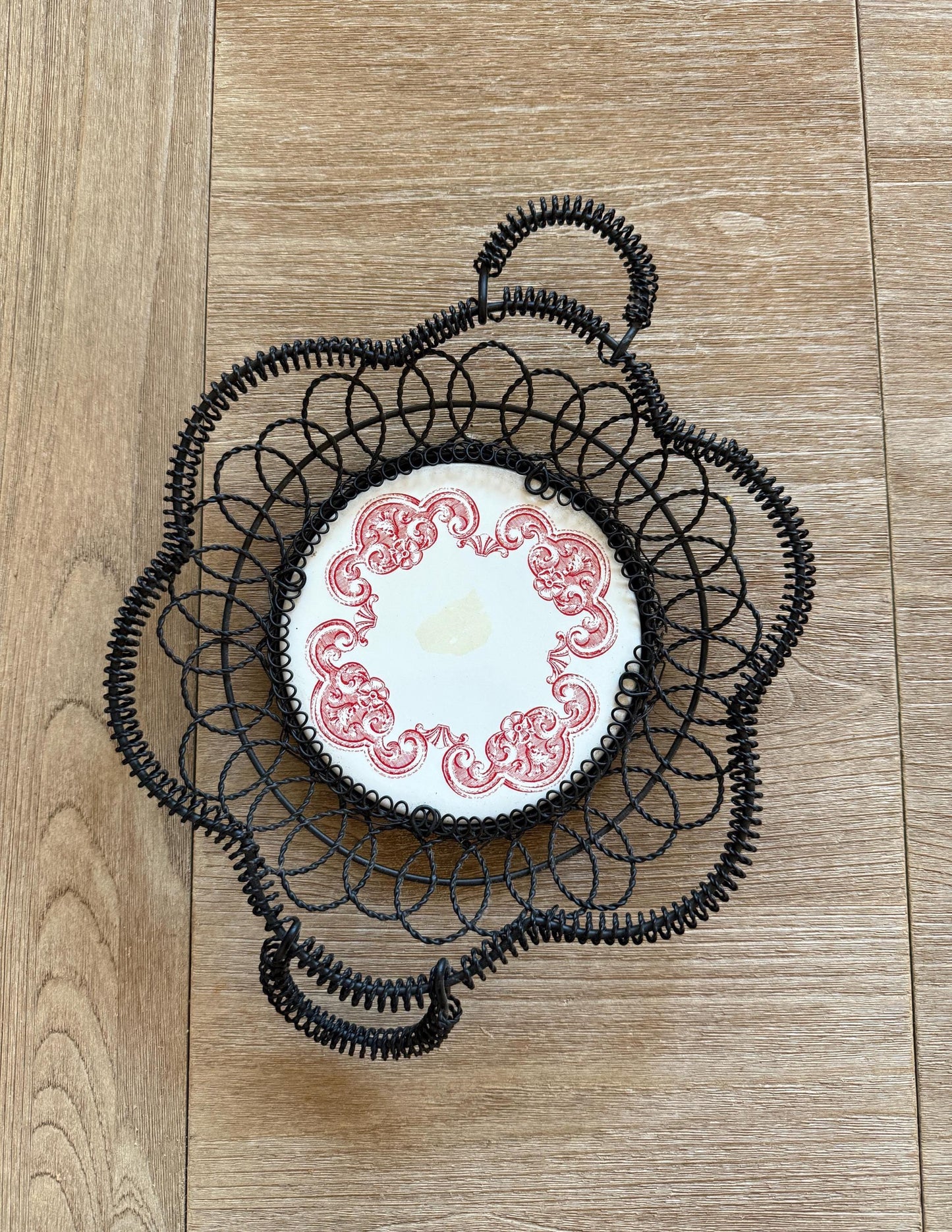 Vintage French Red Transferware Plate In Wire Basket