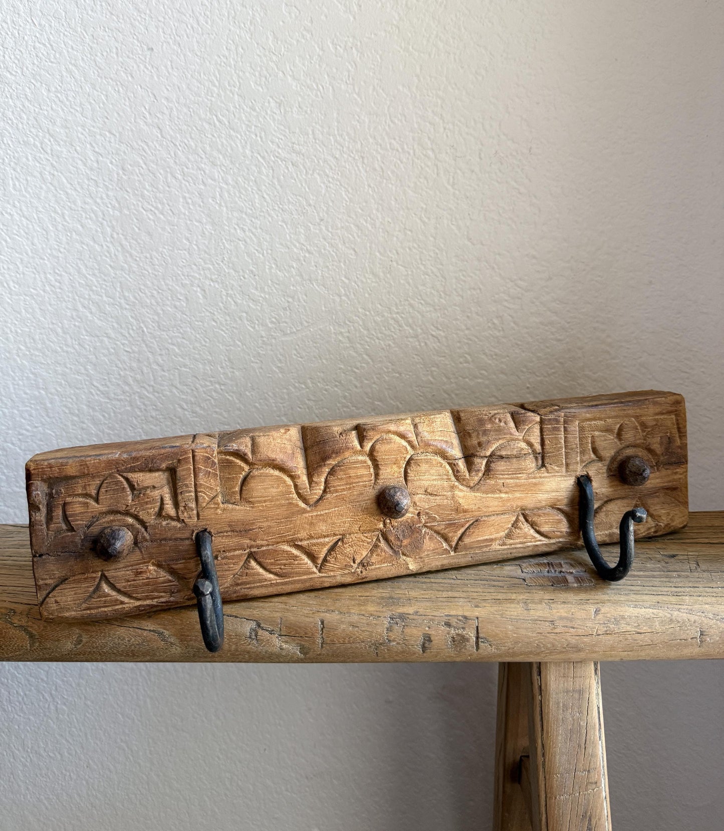Vintage Carved Wood Wall Rack with 2 Iron Hooks