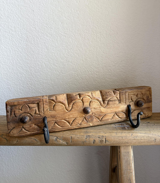 Vintage Carved Wood Wall Rack with 2 Iron Hooks