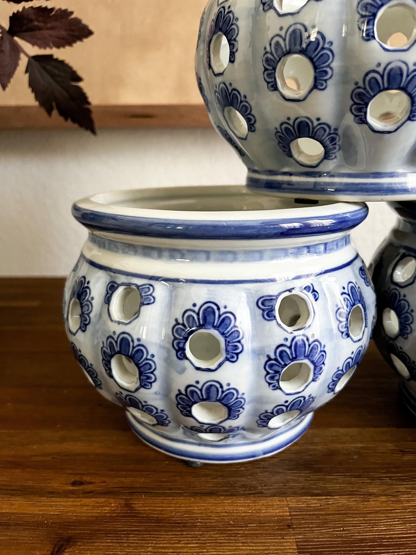 Vintage Blue and White Reticulated Porcelain Vessel