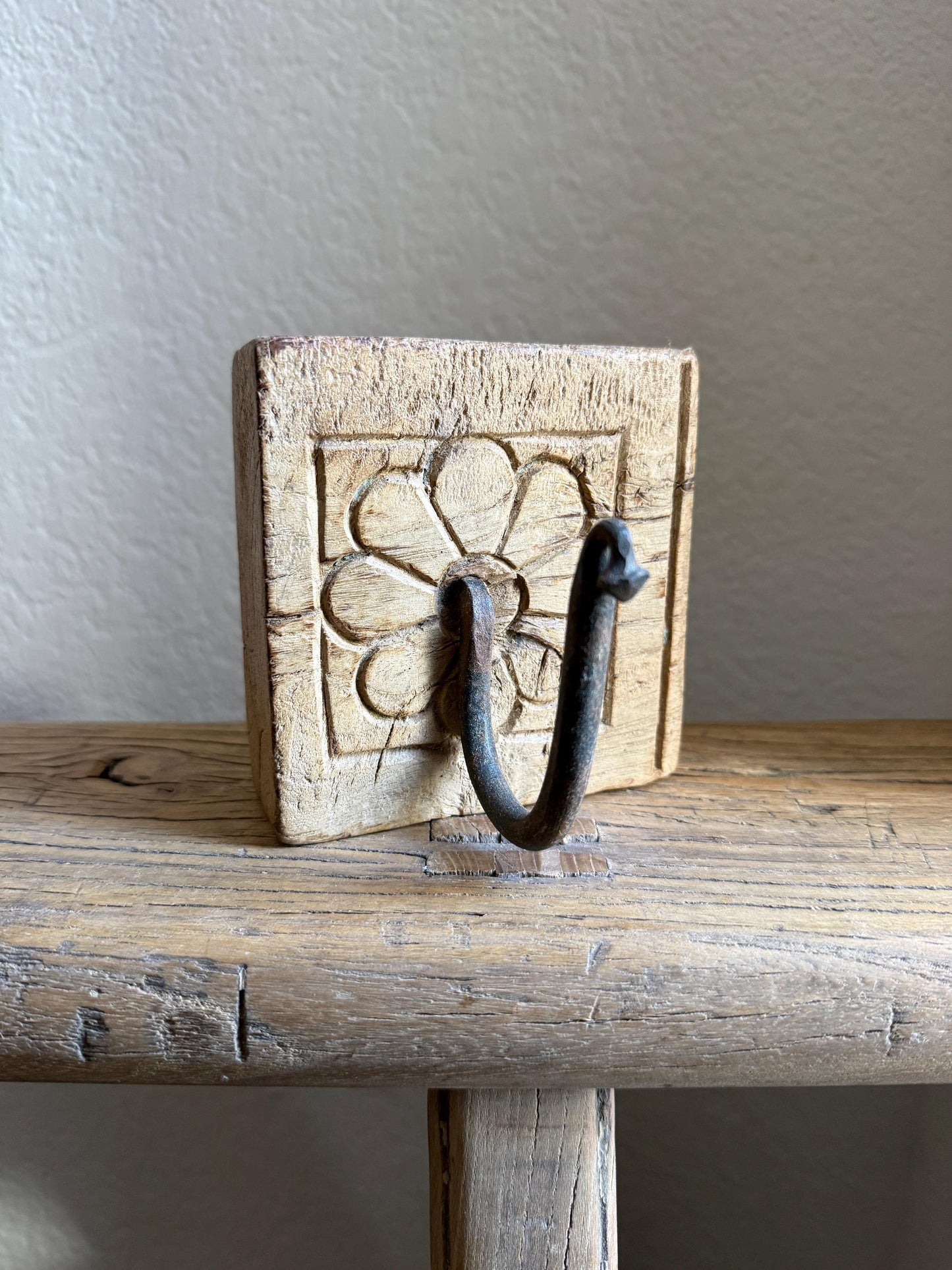 Vintage Wooden Carved Panel and Iron Wall Hook