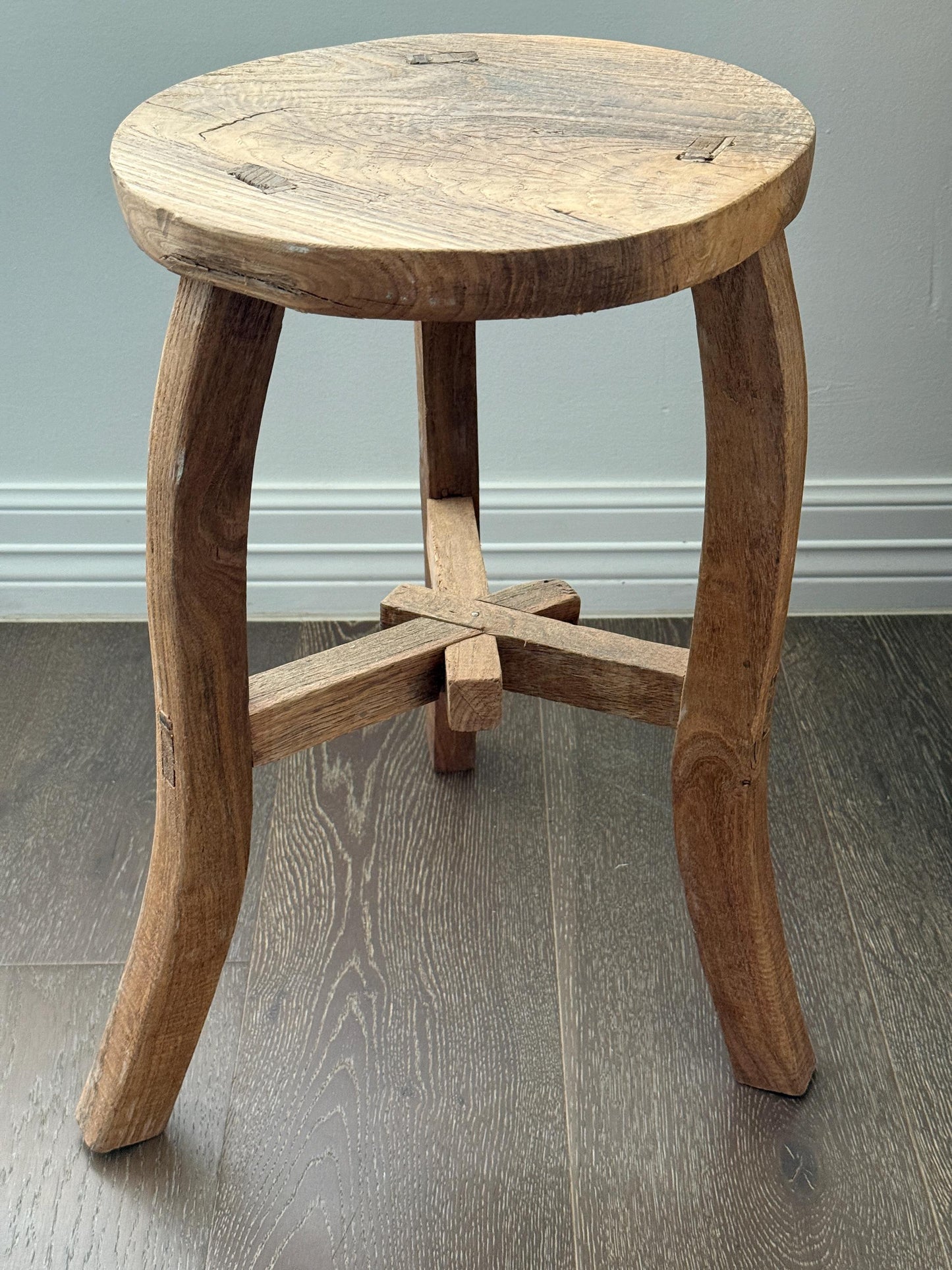 Vintage Elm Wood Stool Curved Legs | Rustic Side Table