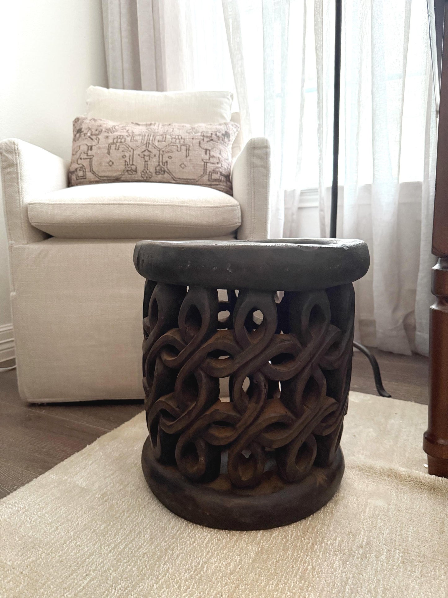 Vintage African Bamileke Side Table Rare Floral Design
