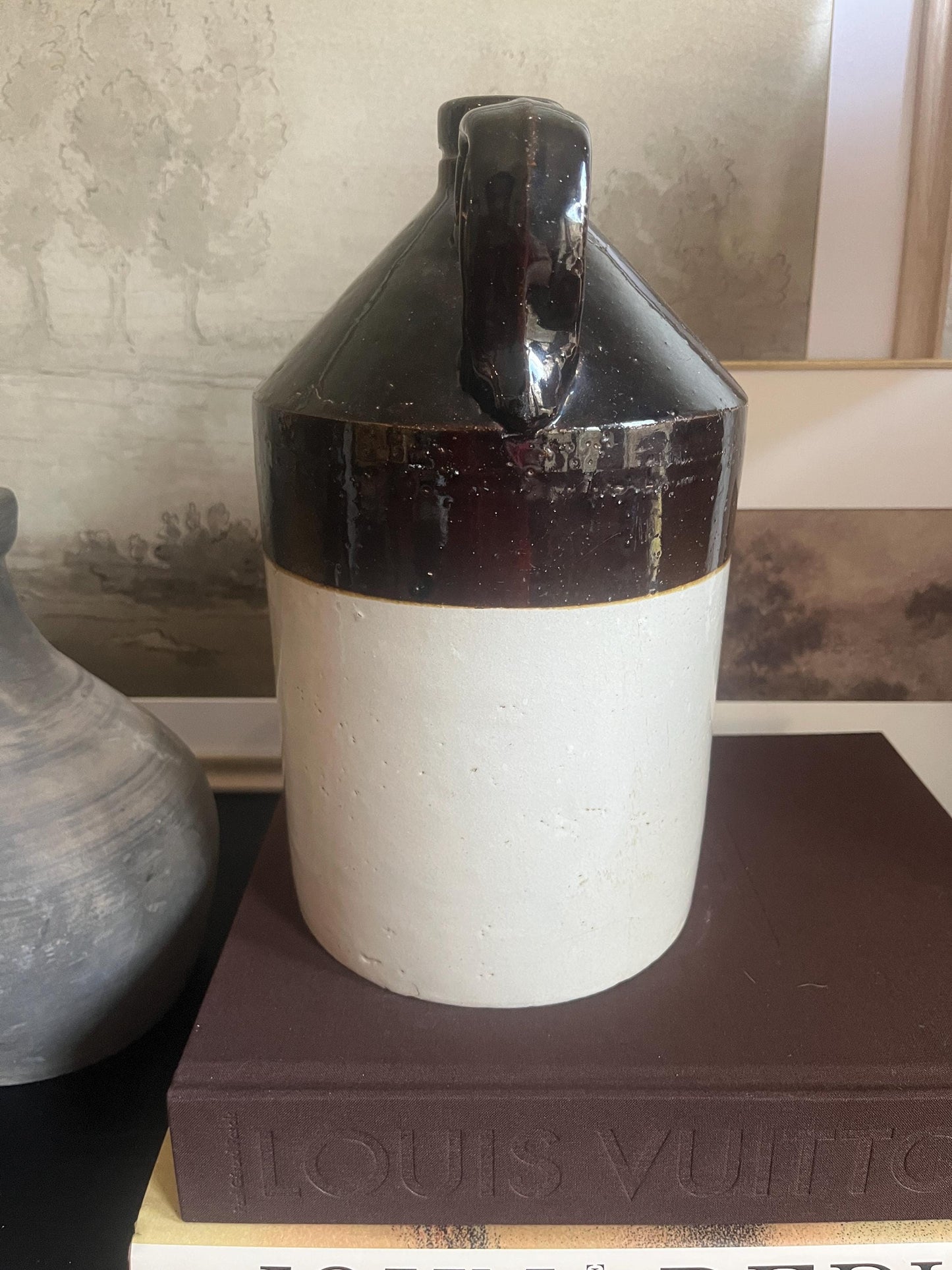 Antique Stoneware Salt Glazed Beige and Brown Whiskey Jug