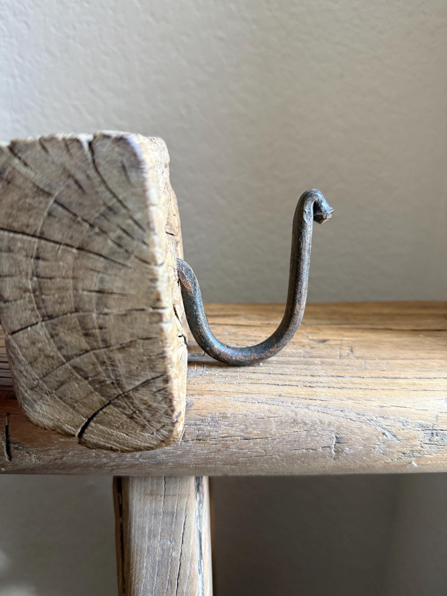 Vintage Wooden Carved Panel and Iron Wall Hook