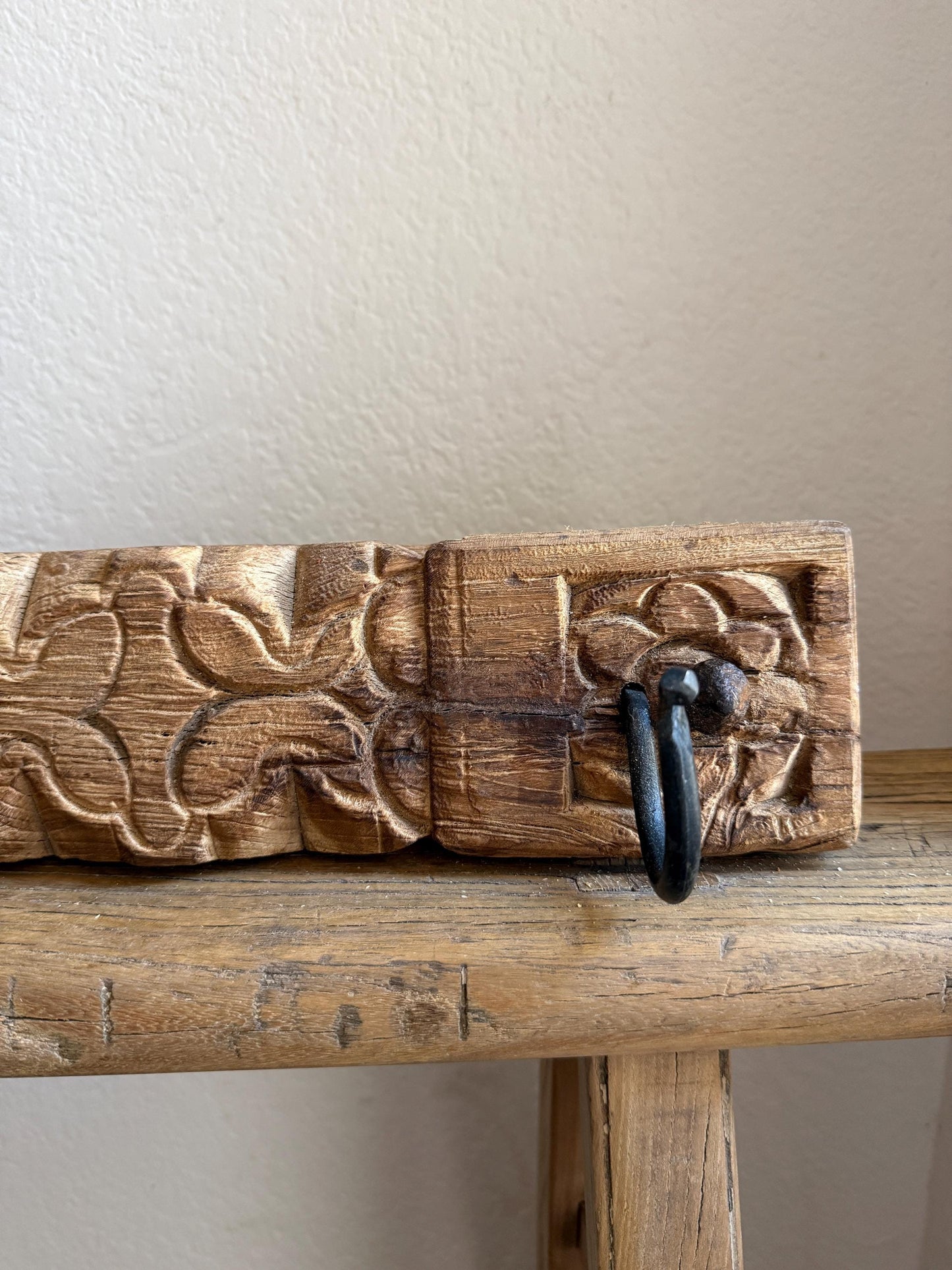 Vintage Carved Wood Wall Rack with 2 Iron Hooks