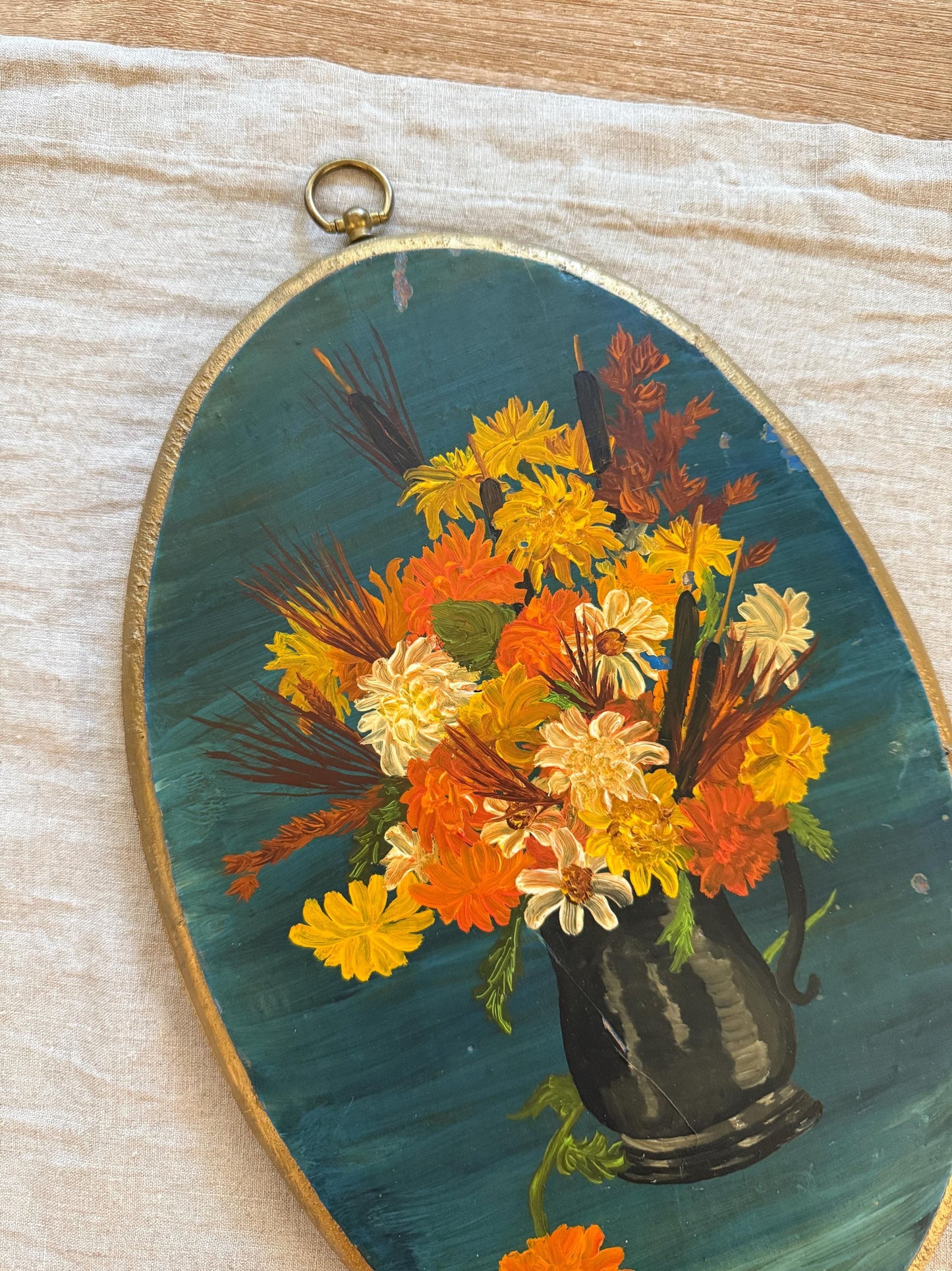 Vintage Original Oil Painting on Oval Board Fall Florals