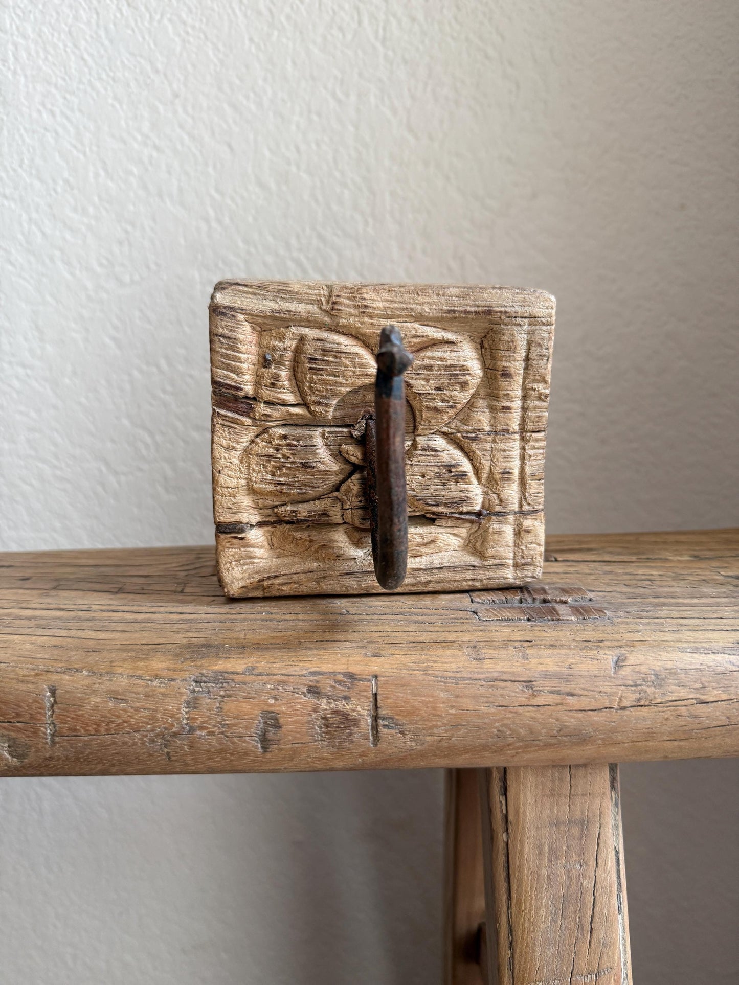 Vintage Wooden Carved Panel and Iron Wall Hook