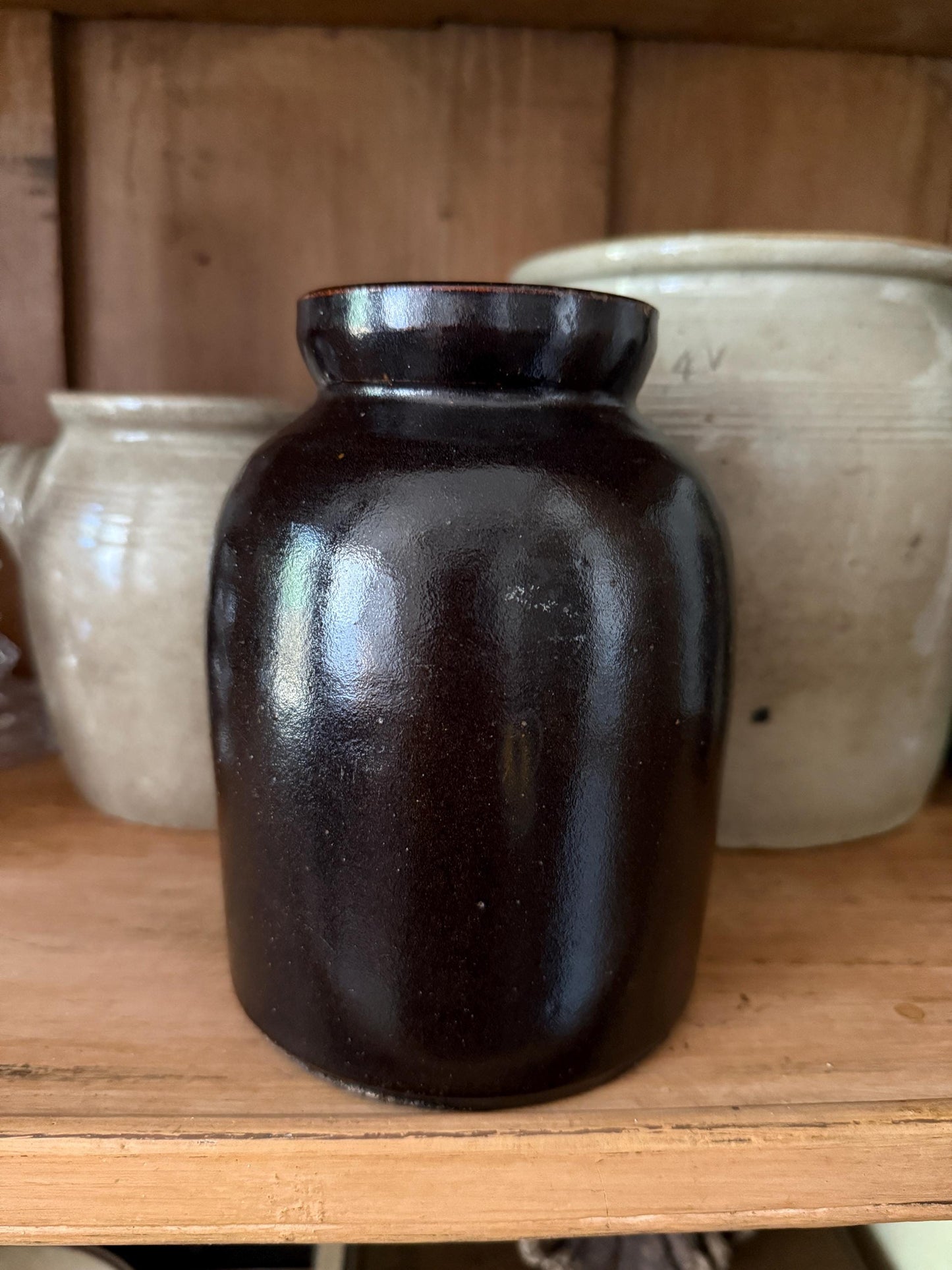 Antique Brown Glazed Handled Pottery Jar Primitive Vessel
