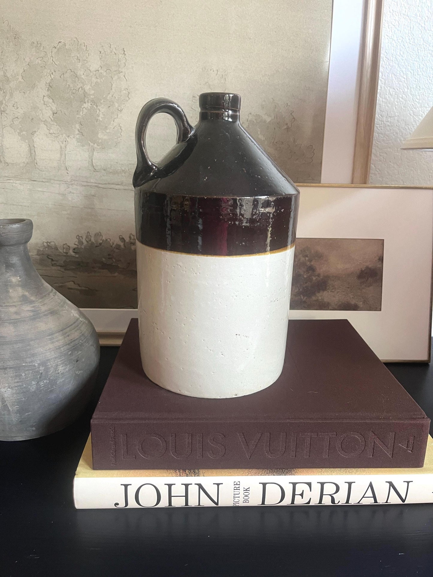 Antique Stoneware Salt Glazed Beige and Brown Whiskey Jug