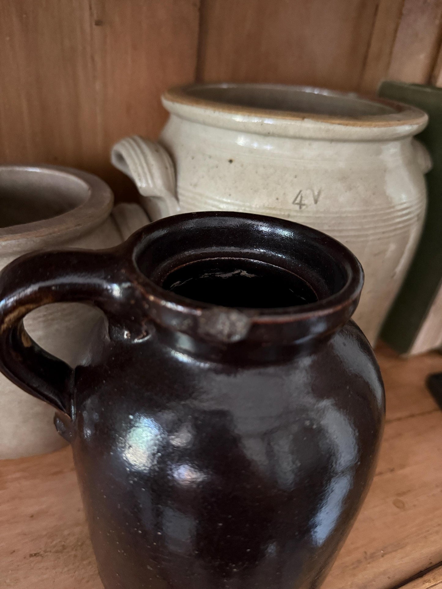 Antique Brown Glazed Handled Pottery Jar Primitive Vessel
