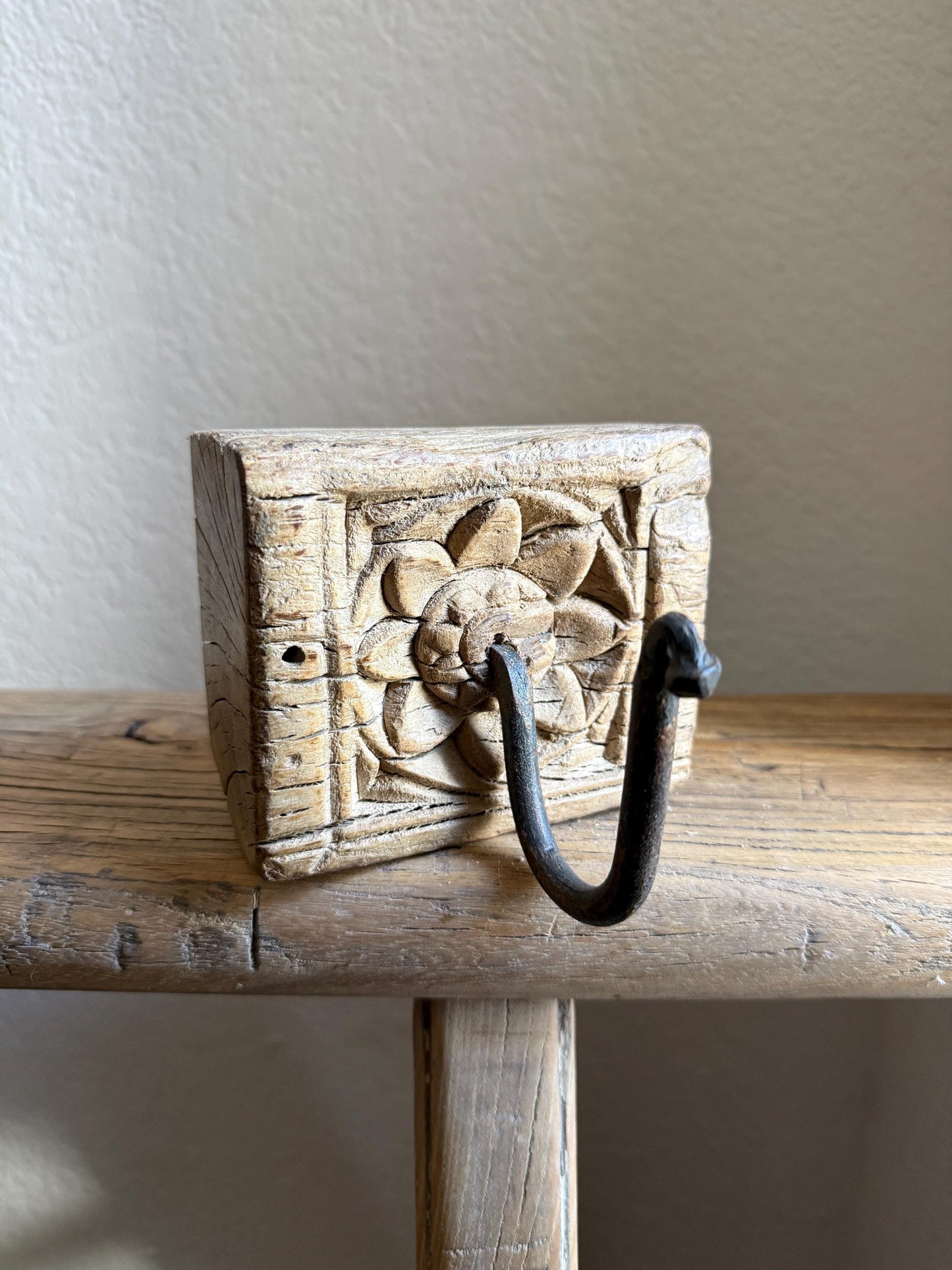 Vintage Wooden Carved Panel and Iron Wall Hook