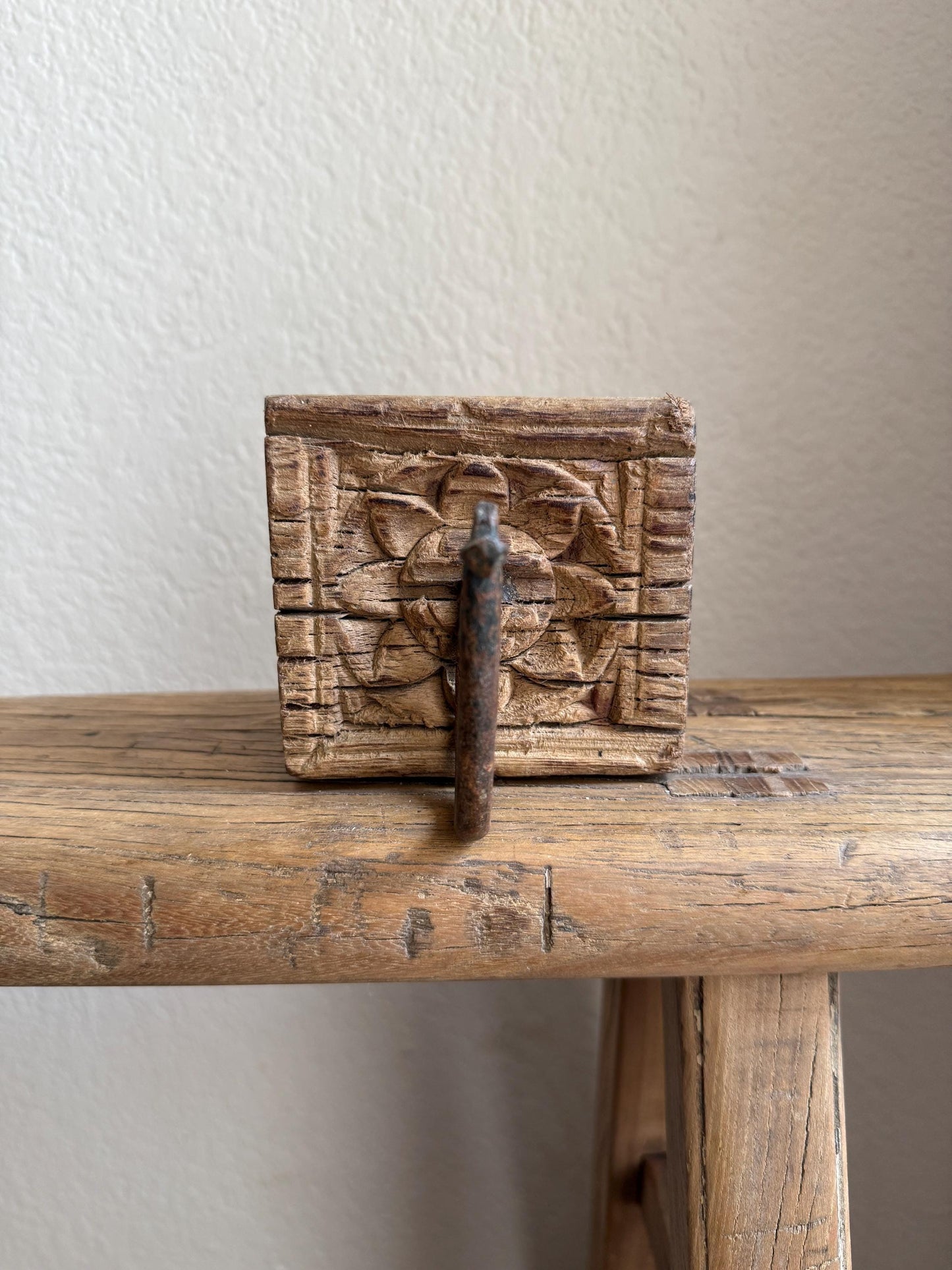 Vintage Wooden Carved Panel and Iron Wall Hook