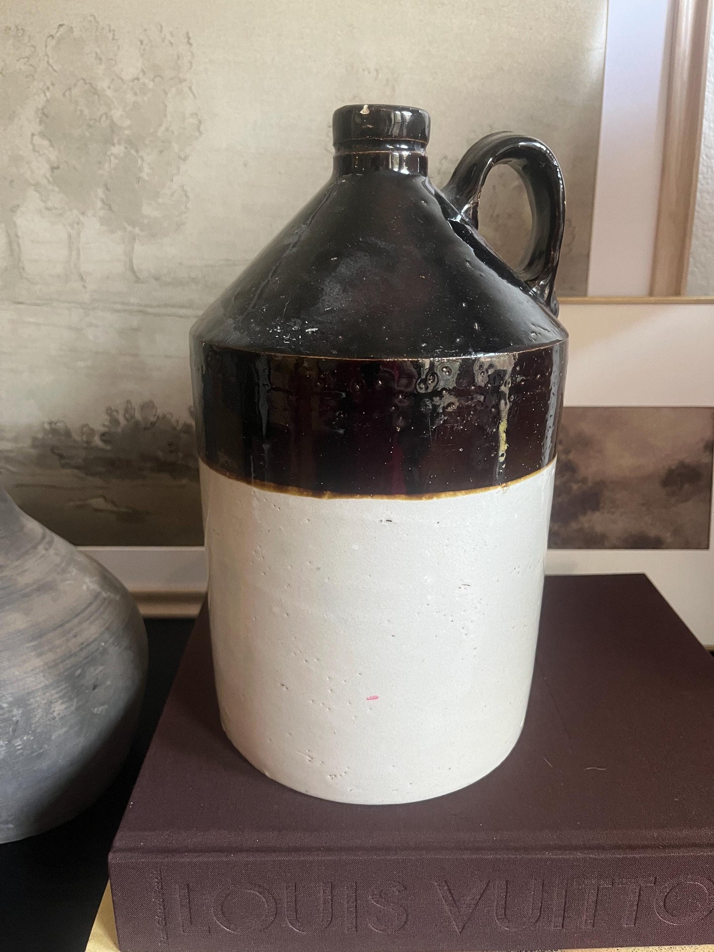 Antique Stoneware Salt Glazed Beige and Brown Whiskey Jug
