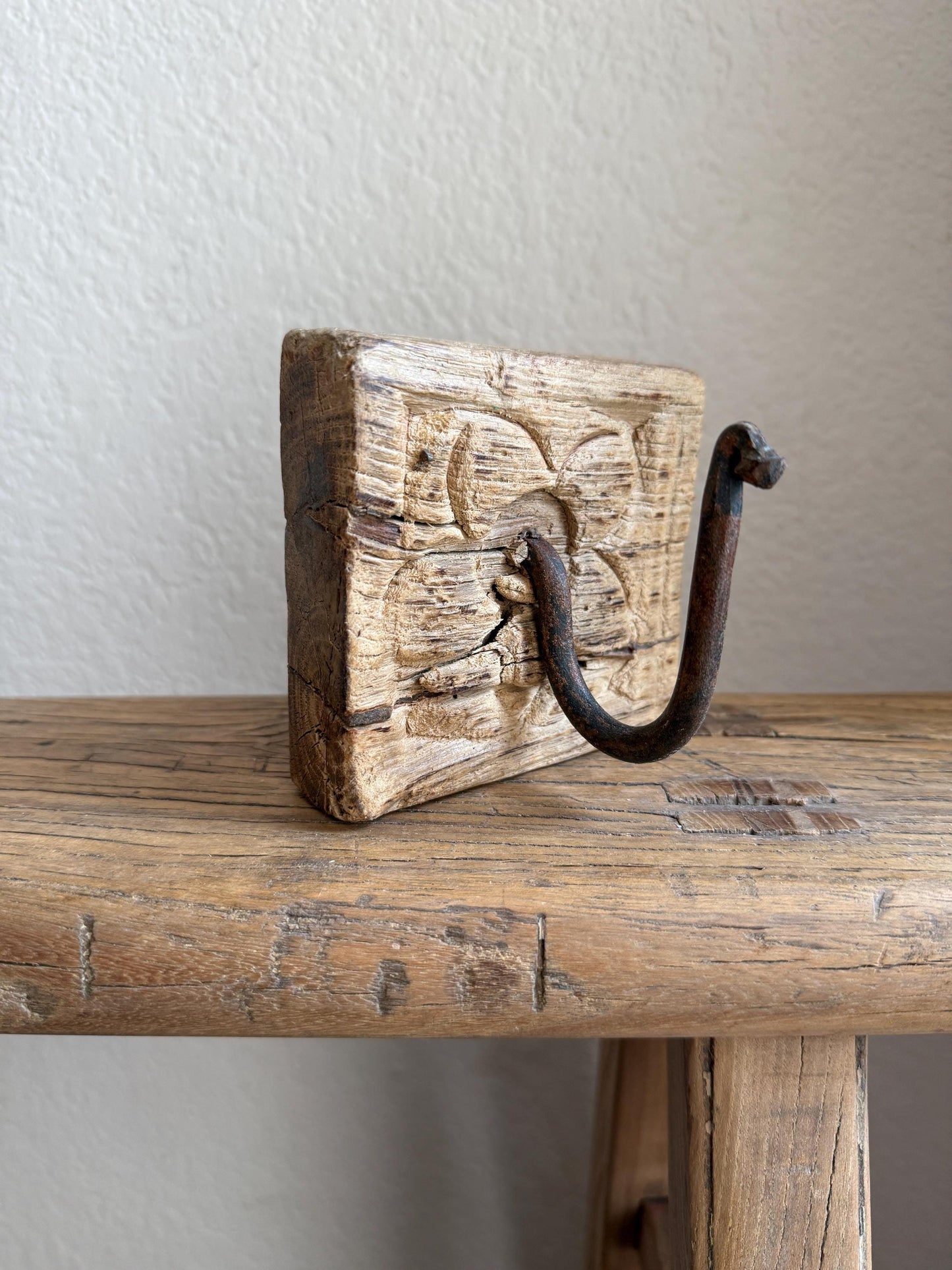 Vintage Wooden Carved Panel and Iron Wall Hook