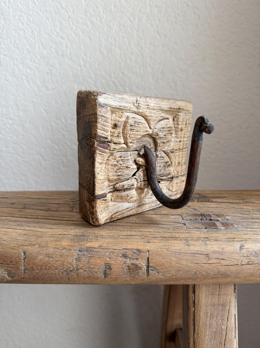 Vintage Wooden Carved Panel and Iron Wall Hook