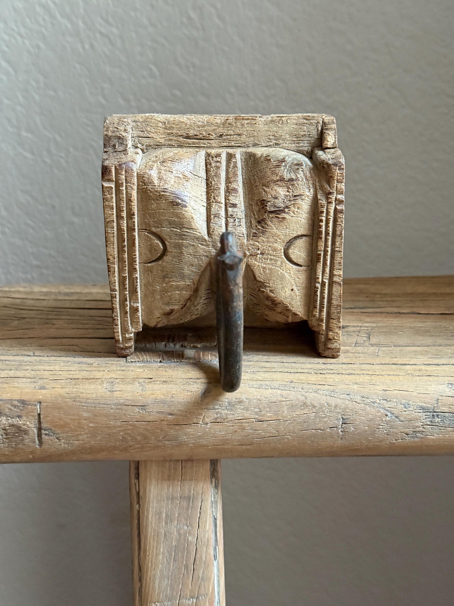 Vintage Wooden Carved Panel and Iron Wall Hook