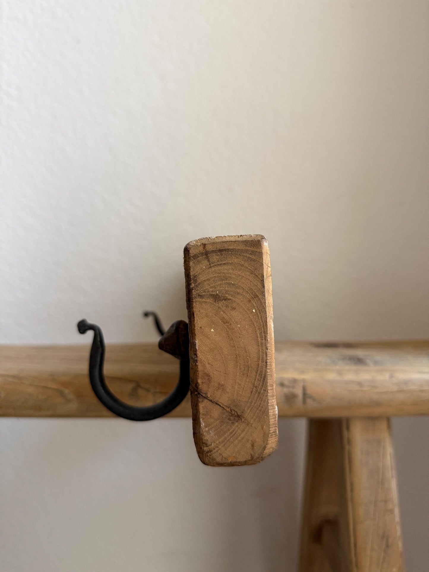 Vintage Carved Wood Wall Rack with 2 Iron Hooks