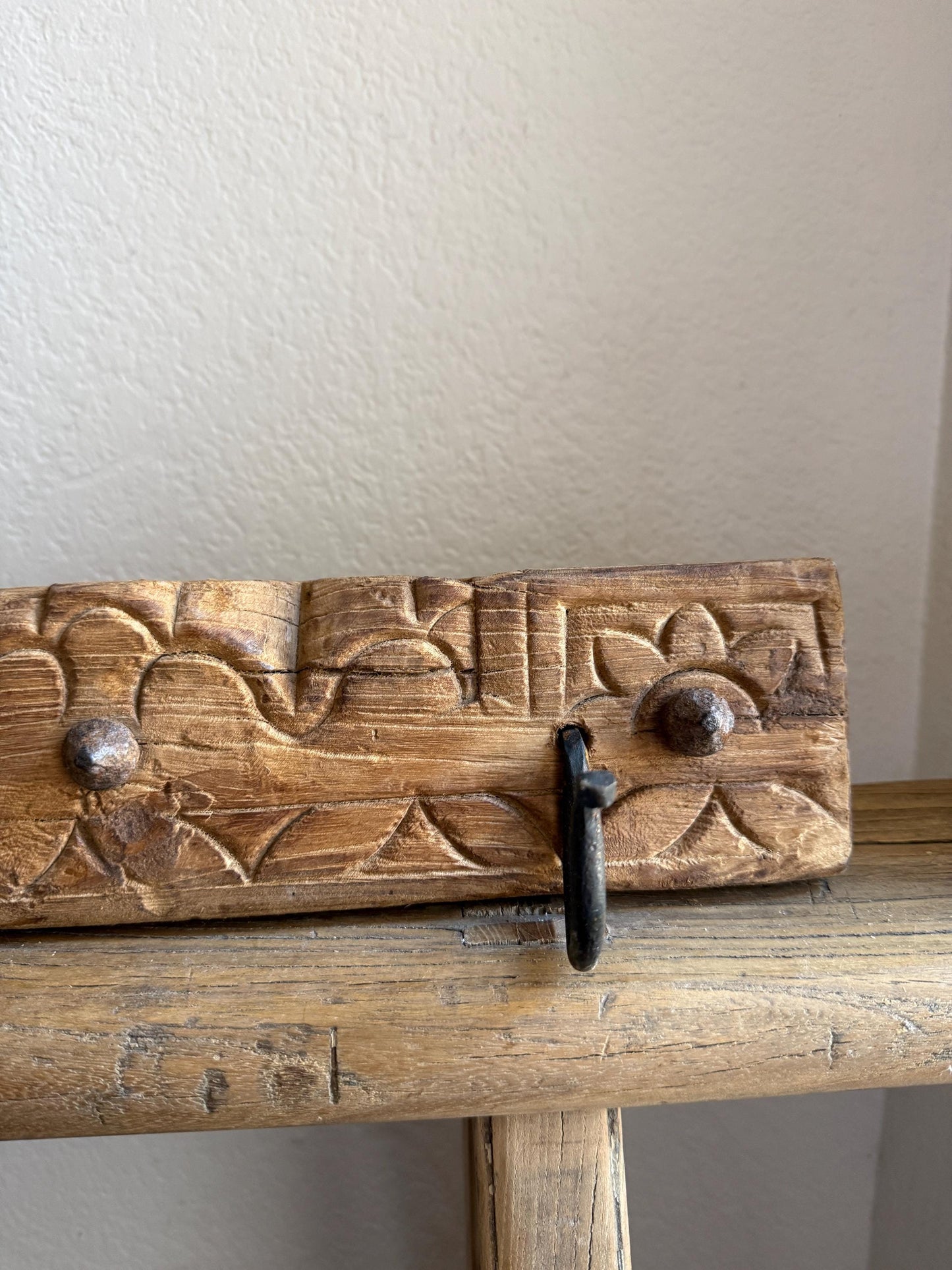Vintage Carved Wood Wall Rack with 2 Iron Hooks