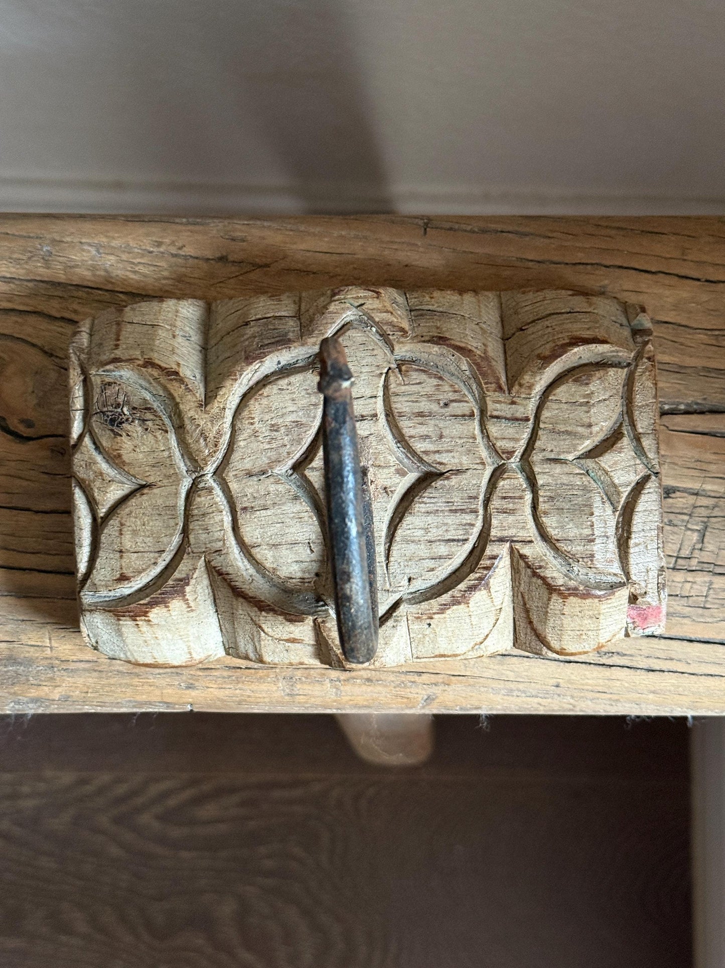 Vintage Wooden Carved Panel and Iron Wall Hook