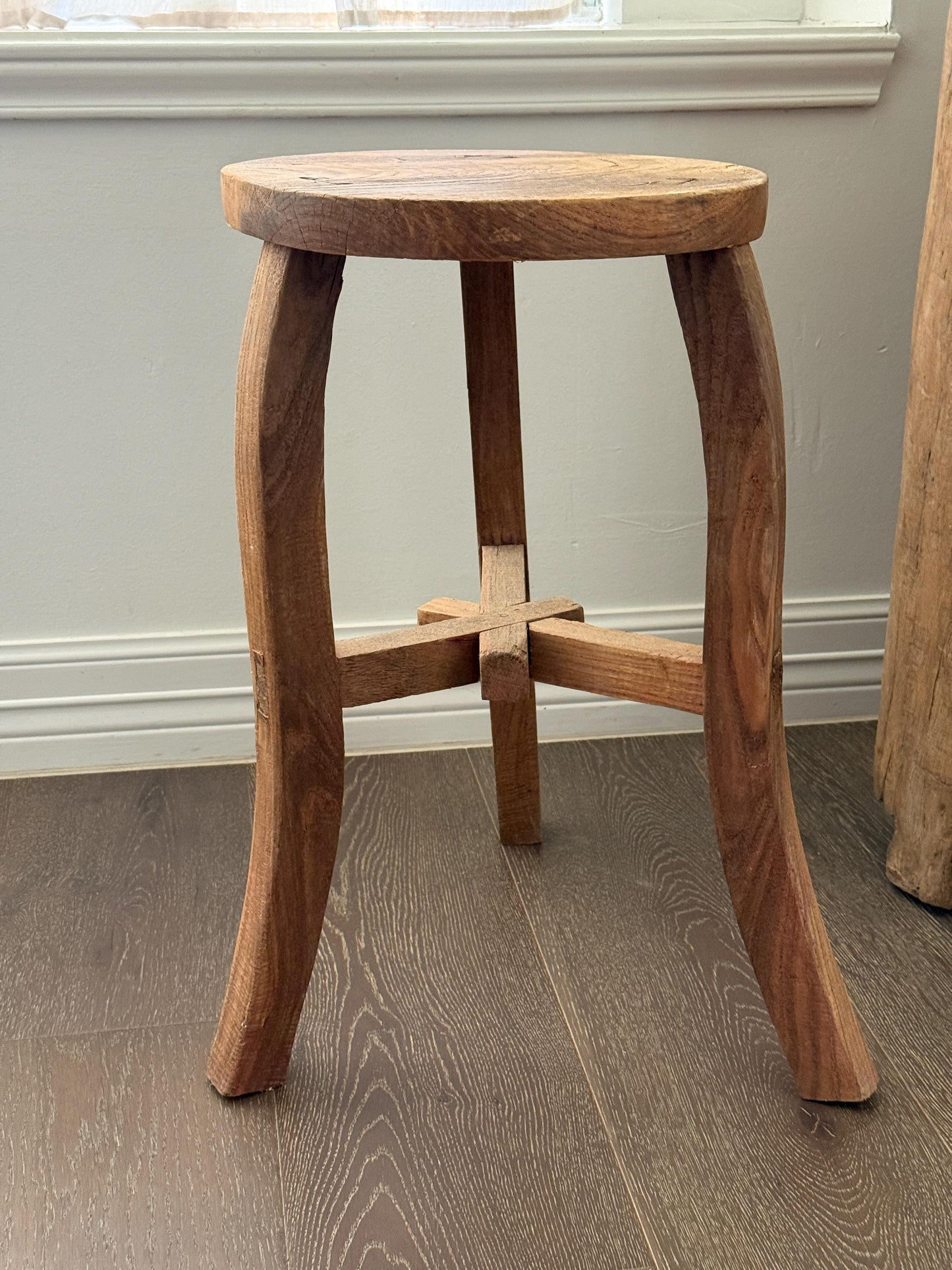 Vintage Elm Wood Stool Curved Legs | Rustic Side Table