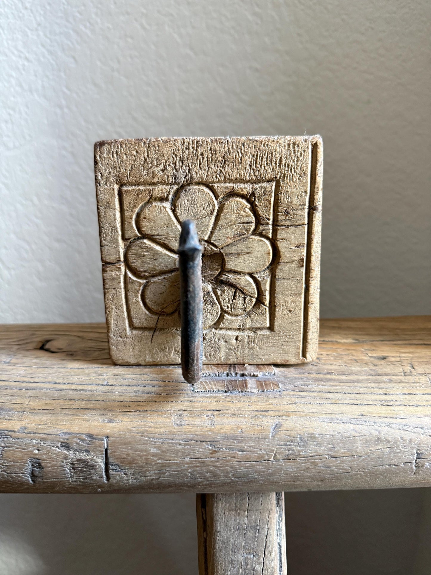 Vintage Wooden Carved Panel and Iron Wall Hook
